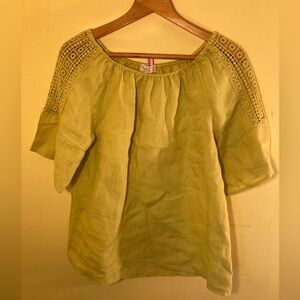 Vtg Ochre Summer Italian Linen Blouse - Off Shoulder - Crochet Detail